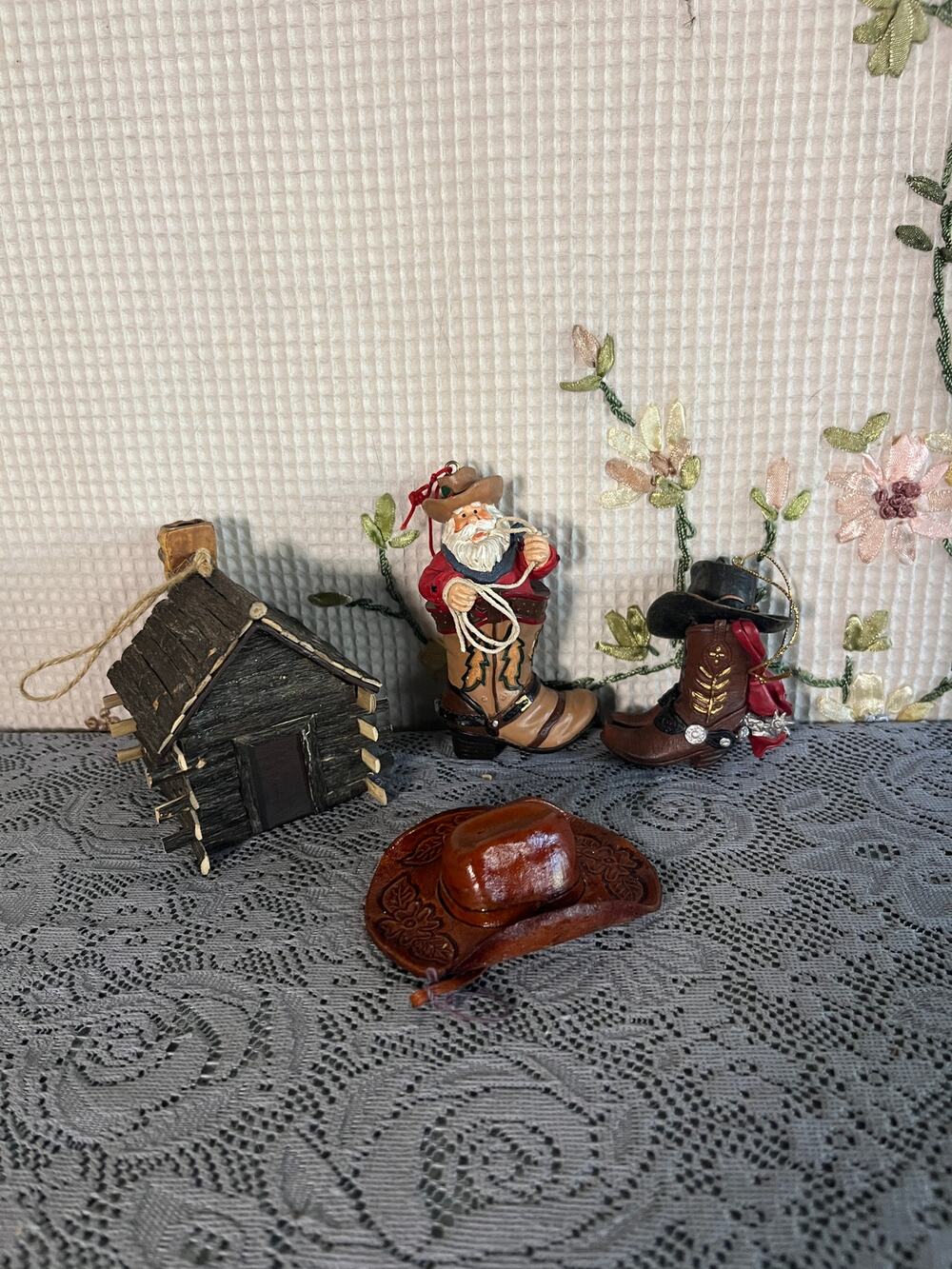Western Cowboy Christmas Ornament Lot of 4 Santa Boot Log Cabin Leather Hat